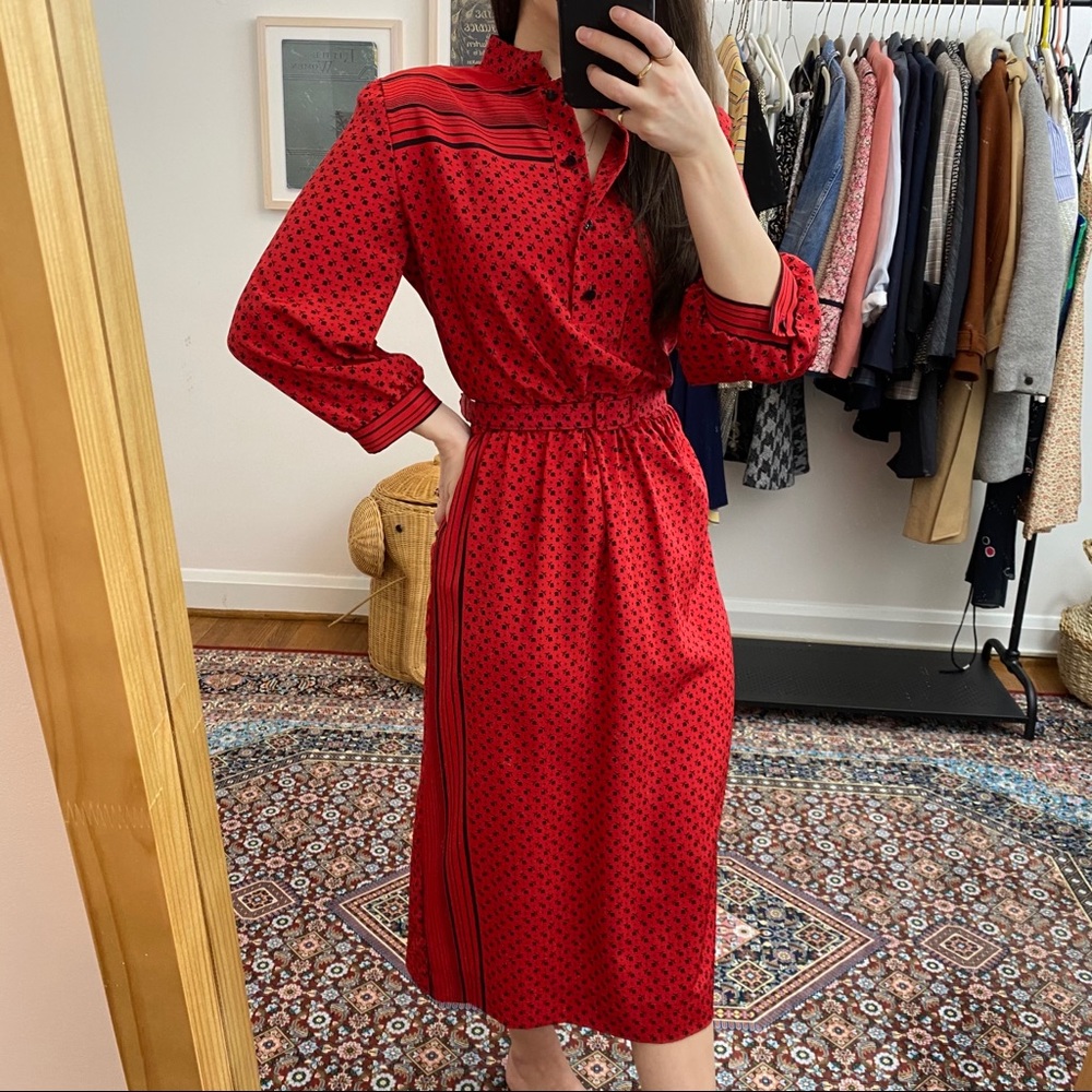 Vintage 80s Red and Black Floral Belted Midi Dress